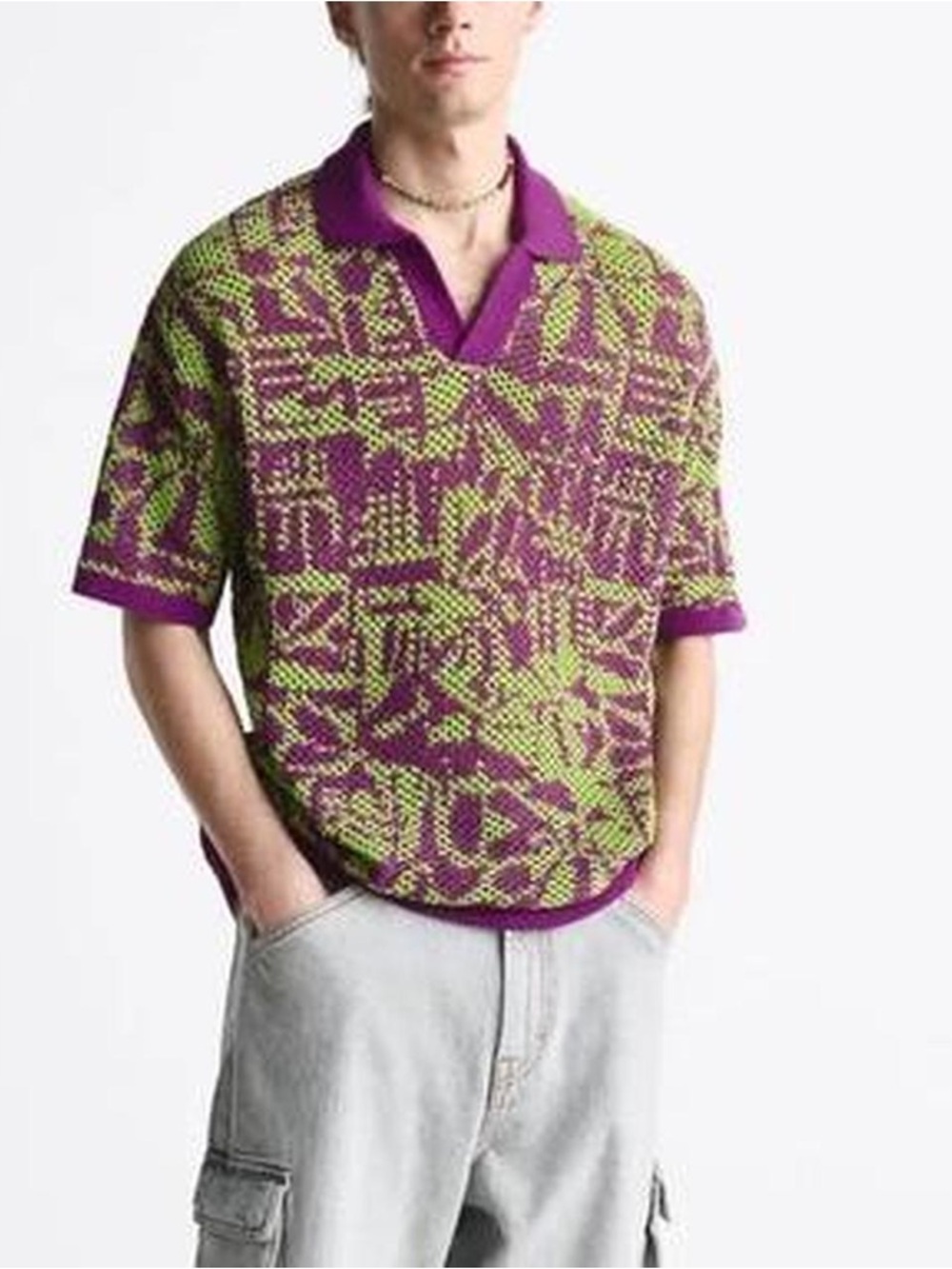Zara Purple & Lime Patterned Short-Sleeve Polo Shirt